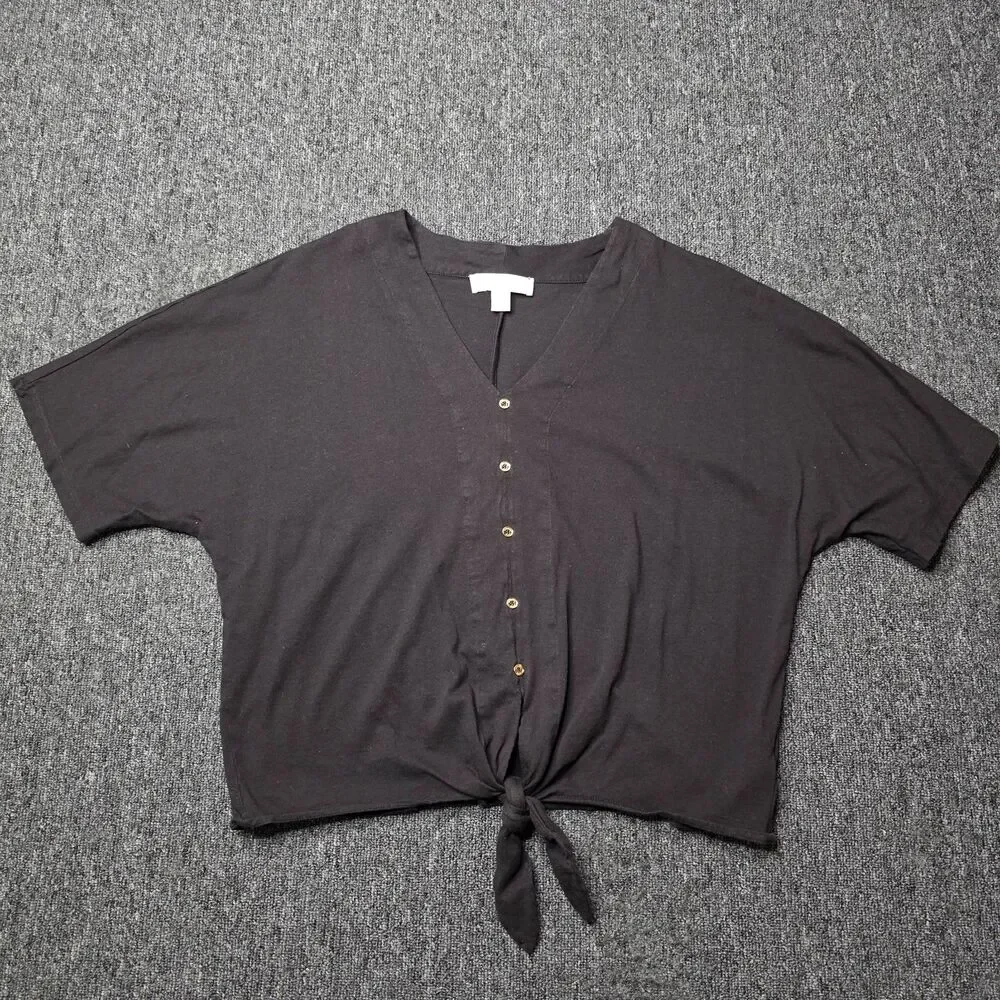Michael Kors Womens L Crop Top Tie Front Shirt V-Neck Black Cotton Short Sleeve